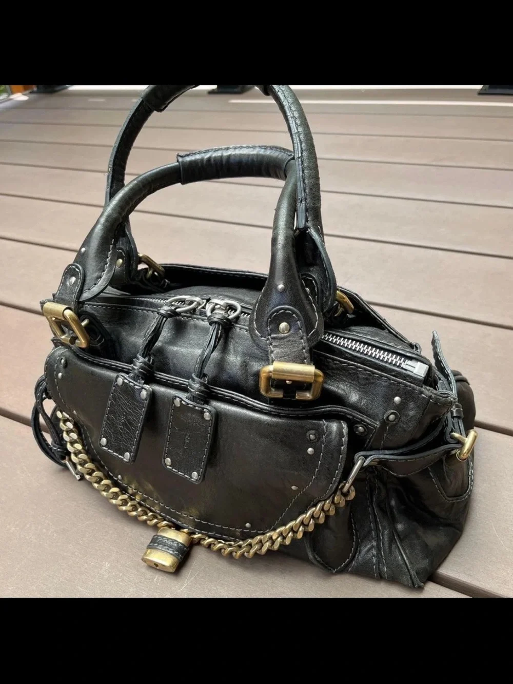Chloe Black Leather Satchel with Brass Chain Detail